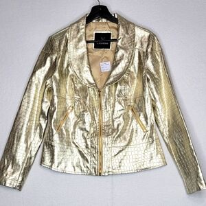 V Christina Jacket Gold Croc Embossed Faux‎ Leather Zip Pockets Sz Medium #465